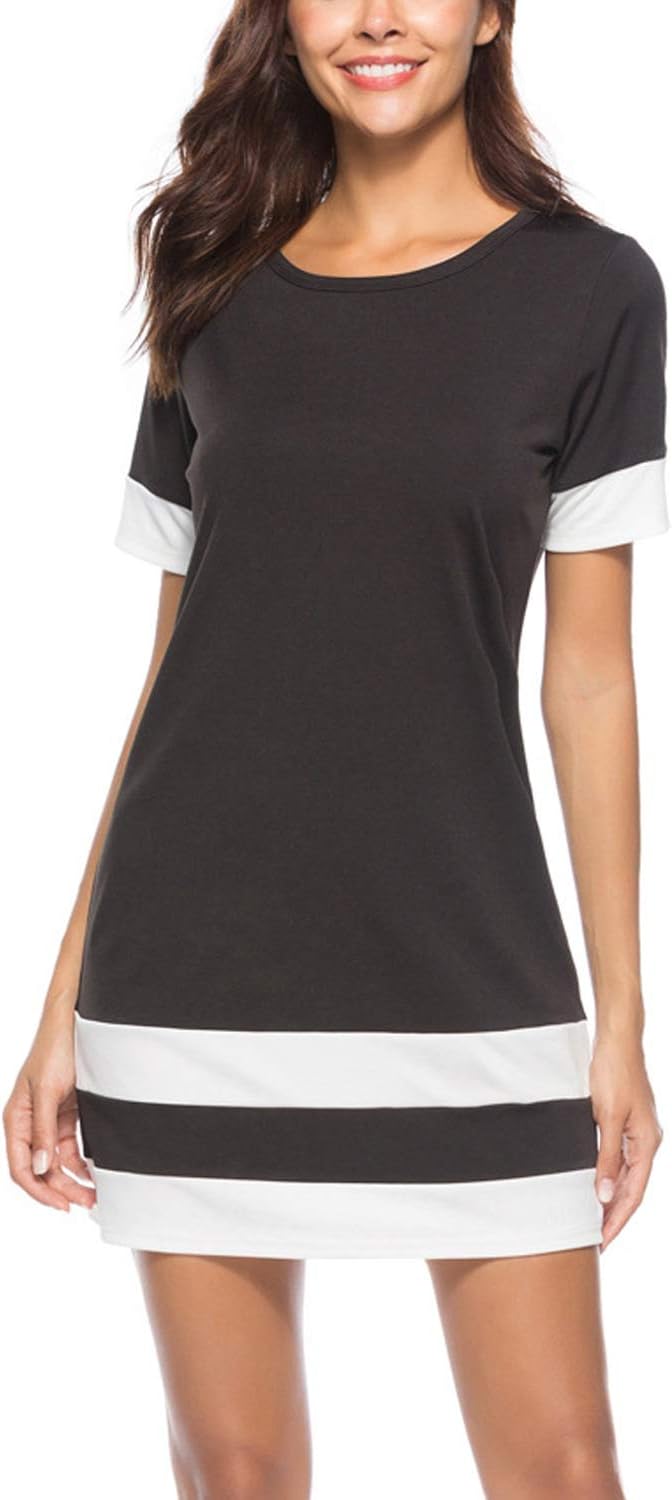 Lu's Chic Women's T-Shirt Dresses Short Sleeve Slim Fit Casual Splice Tunic Mini Dress Black L