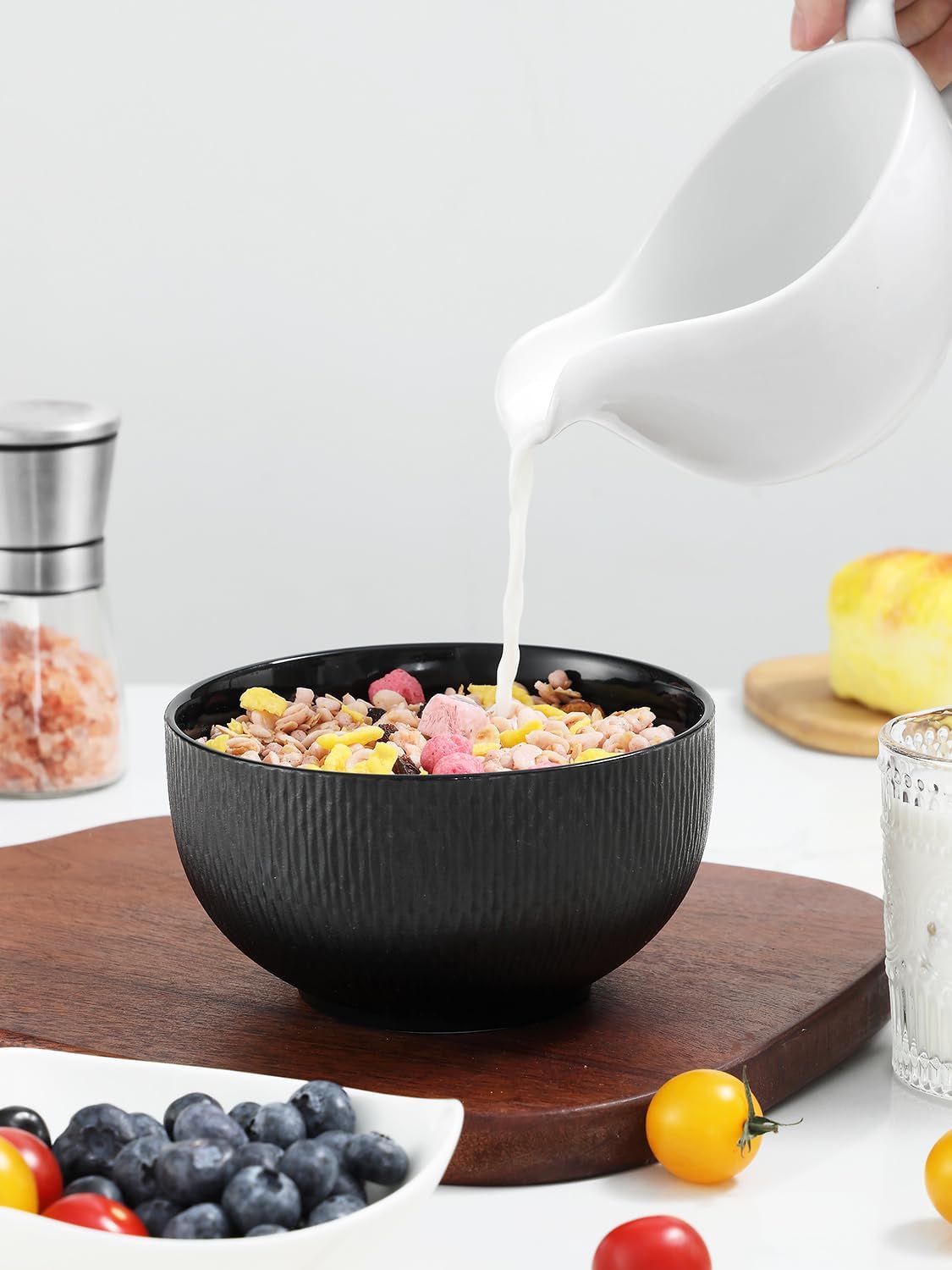 Yedio Black Ceramic Bowls Set of 4, 38 oz Porcelain Large Bowl for Kitchen, Cereal, Soup, Dessert, Rice, Snack, Fruits, Ice Cream, Noodle,Breakfast, Microwave Dishwasher Freezer Oven Safe - Image 5