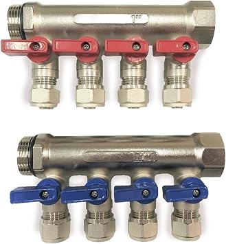 4 Loop 1/2" Plumbing PEX Manifolds 1" trunk w/ 1/2" Pex Ball Valves - 4-Branch Radiant Heat Manifold - PEX Tubing Floor Heating Manifolds