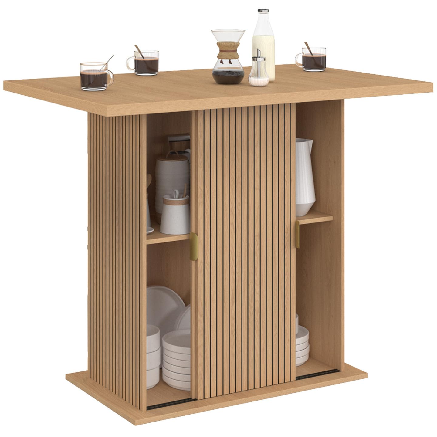 IDMarket - Ilot Central 4 Personnes Juliette 110 cm Pied Central avec Rangement Effet Lattes tasseau de Bois