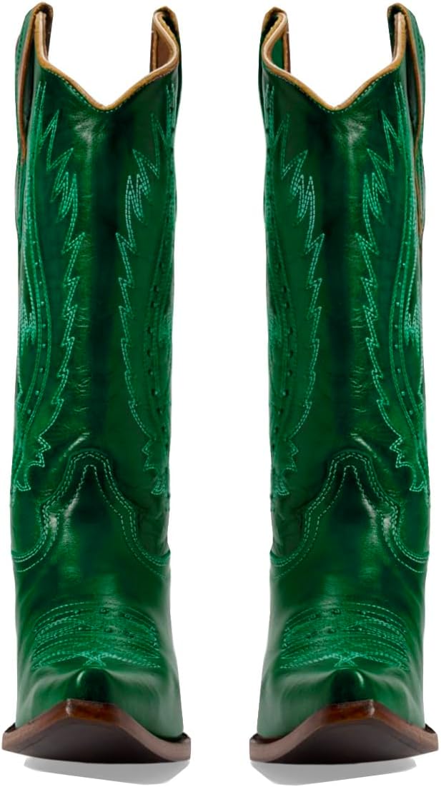 Emerald Green Embroidered Cowboy Boots Women Knee High Western Boots Chunky Stacked Heel Pointed-Square Toe Mid Calf Cowgirl Boots Metallic Pull On V Cut Fall Boot Exotic Emerald Green 8.5
