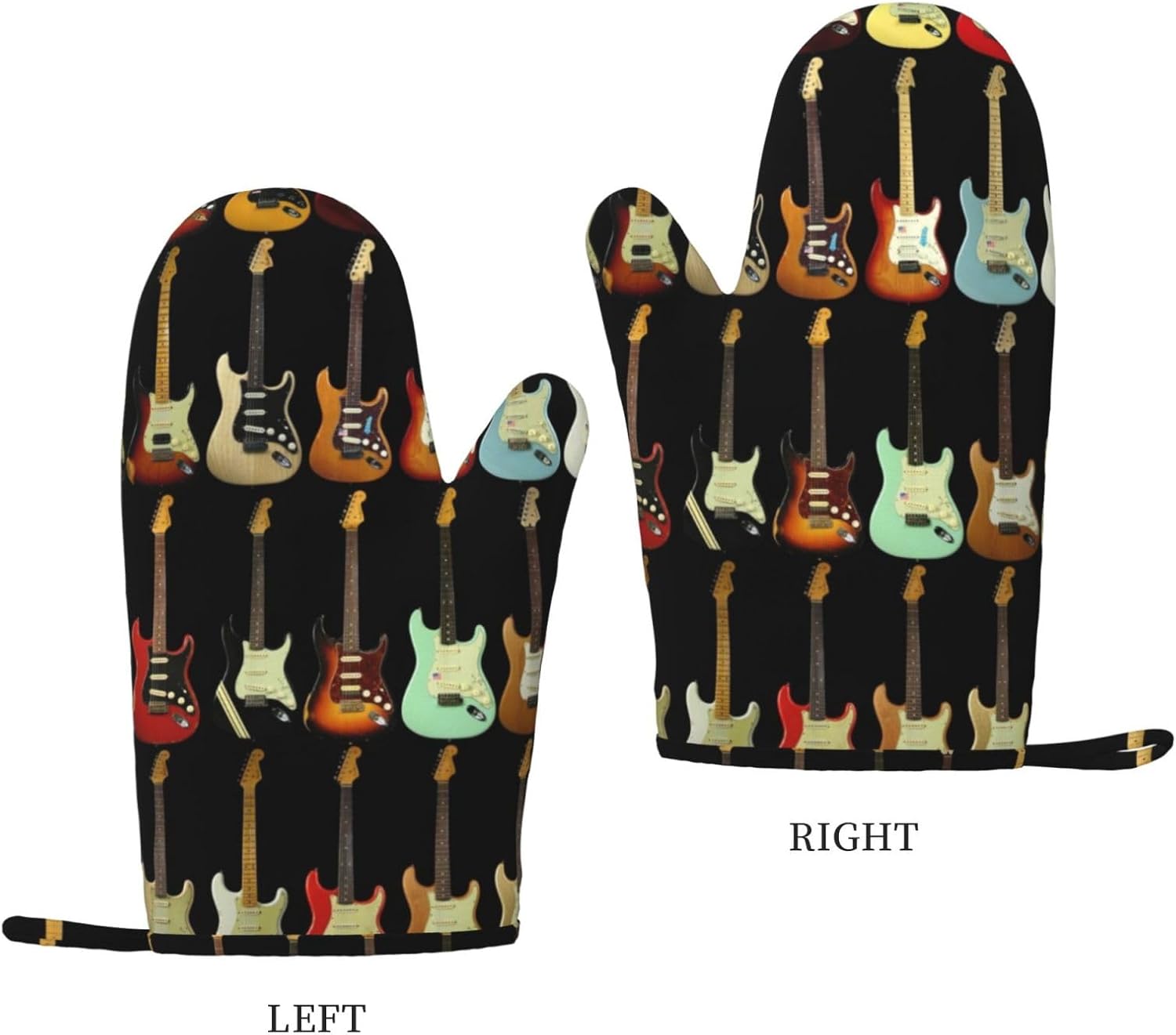 Art Guitar Pattern Oven Mitts and Pot Holders Set of 4 Heat Resistant Kitchen Gloves with Silicone Palm Hot Pads for Baking Cooking Grilling BBQ