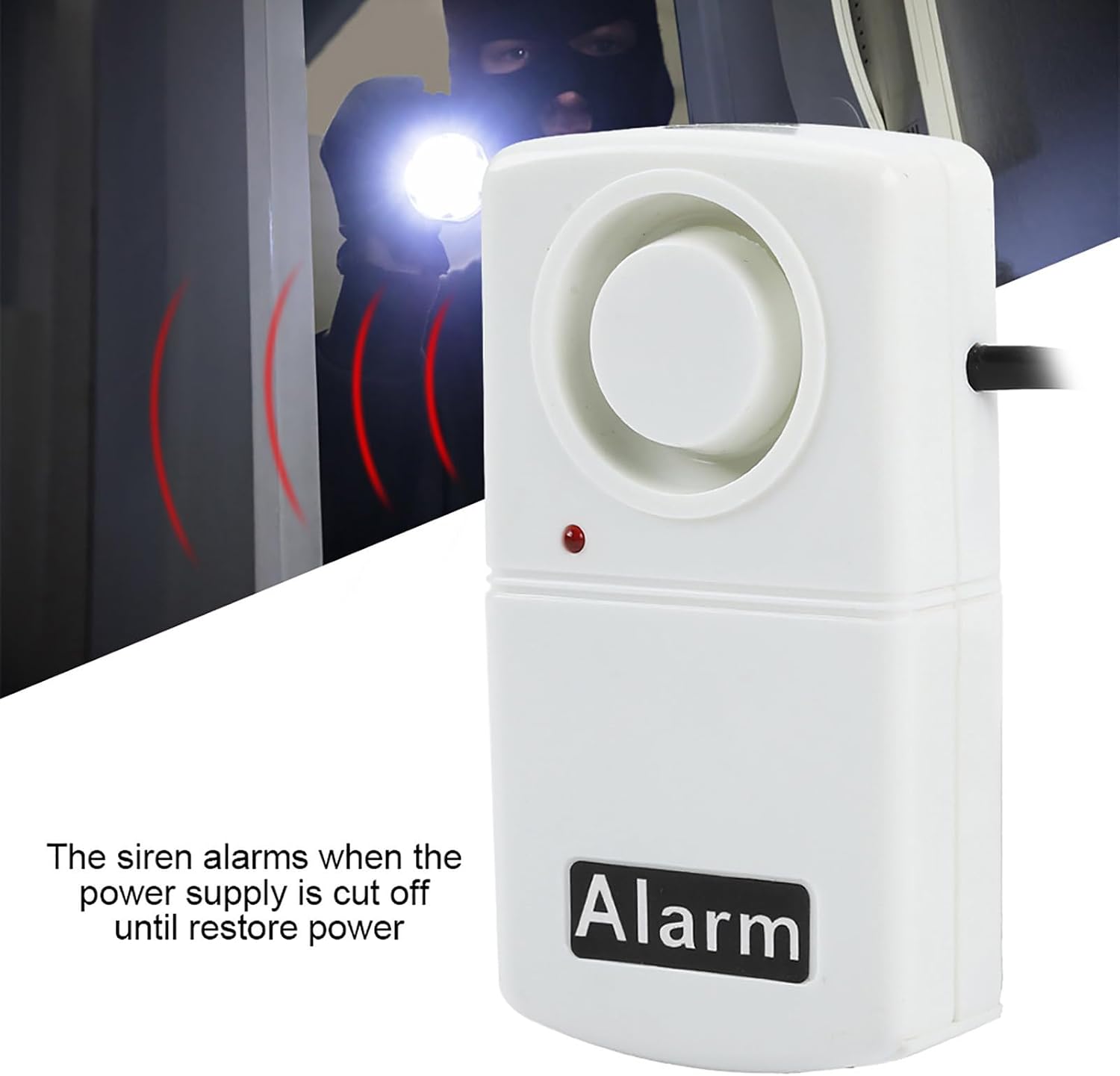 Sonew power cut alarm with text overlay 'The siren alarms when the power supply is cut off until restore power' and a person with a flashlight in the background, implying a power outage.
