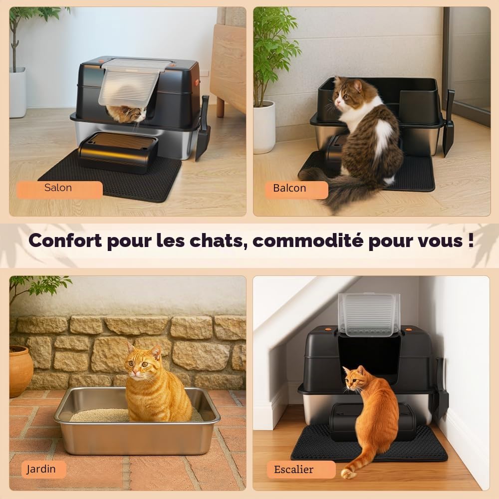 Vivifying Litière pour Chat en Acier Inoxydable avec Couvercle, Taille XL, Facile à Nettoyer et résistante aux odeurs, en Acier Inoxydable, avec pédales, Pelle et Tapis(Noir)