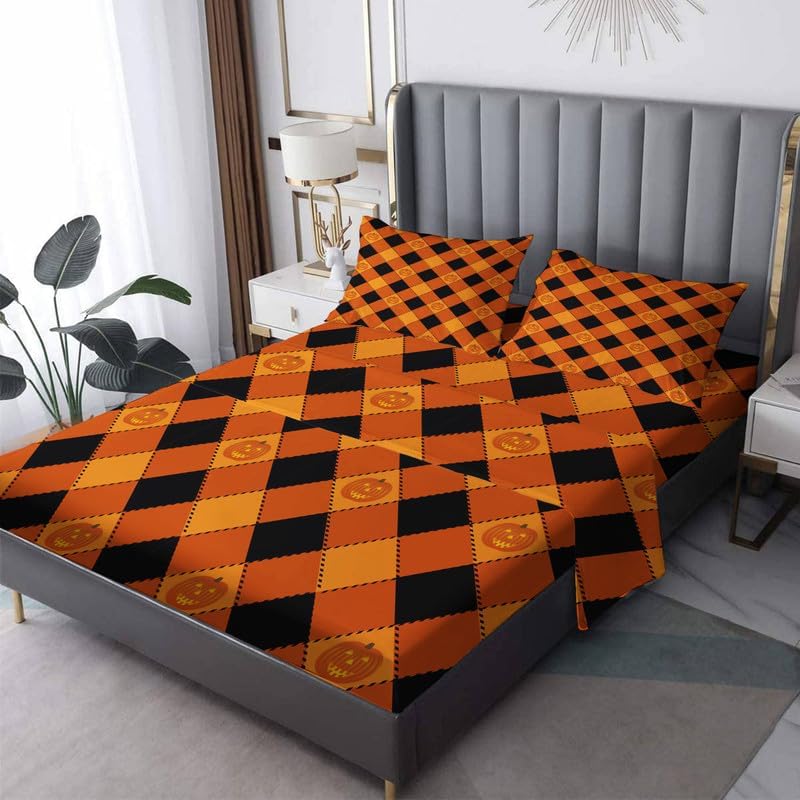 Halloween Pumpkin Sheets California King Size - Orange and Black Bed Sheets, Soft Microfiber & Deep Pocket & Wrinkle Free Bedding Sheets & Pillowcases, 1 Fitted Sheet, 1 Flat Sheet, 2 Pillow Cases