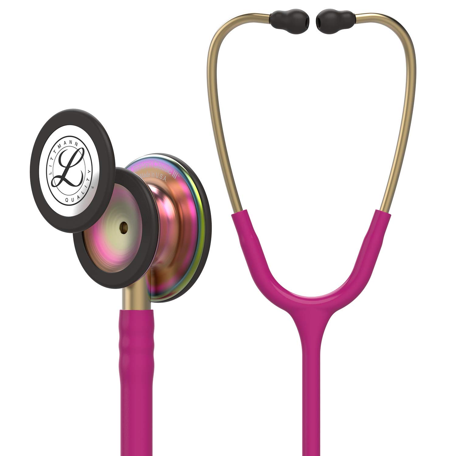 3M Littmann Classic III, Stetoscopio per il monitoraggio, finitura arcobaleno, tubo auricolare lampone, 69 cm, 5806 + GIMA ASTUCCIO PORTA FONENDO, Bordeaux, Uso Professionale