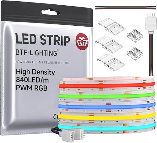 Miniatura 18 de BTF-LIGHTING Tira LED COB COB IP66 RGB de 16.4 pies DC24V 840LED/m que cambia de color, flexible, de alta densidad, luz uniforme de 0.394 in de Tira
