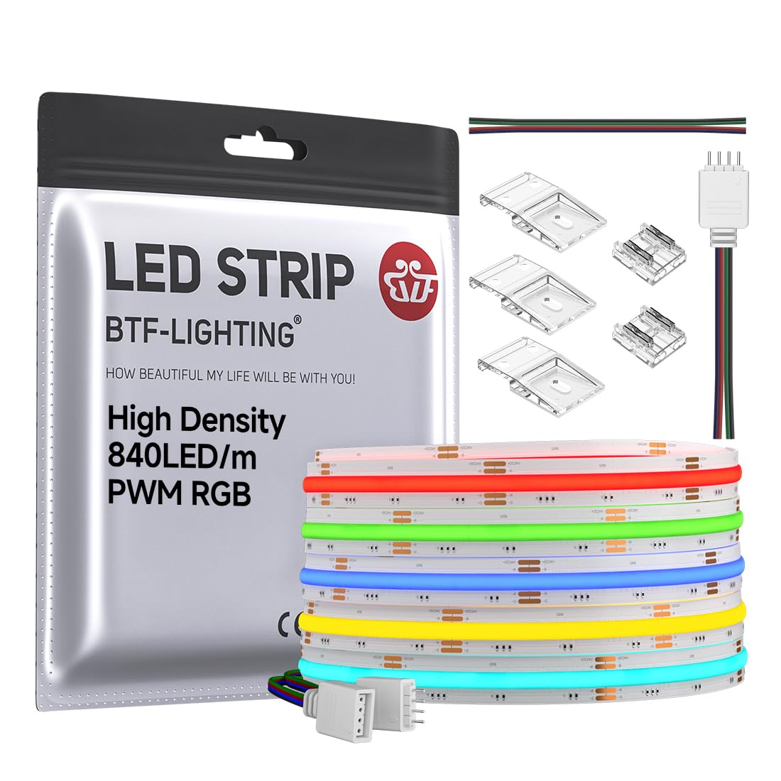 BTF-LIGHTING FCOB COB RGB LED Strip 840LED/m 16.4FT DC24V Color Changing Flexible High Density Uniform Light 10mm Width for Bedroom Home Indoor Decor(No Adapter or Controller)