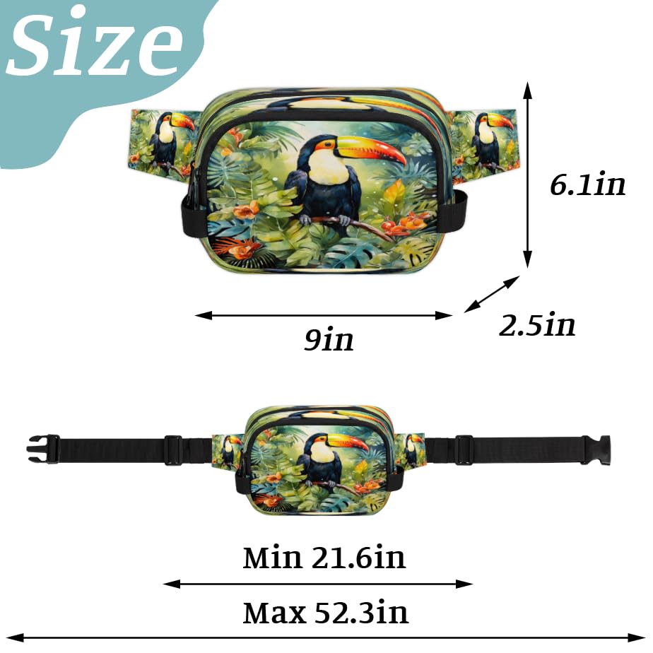 Tropical Leaf Flower Parrot Watercolour Waterproof Fanny Pack for Women Men Adjustable Waist Bag with Double Zipper Pockets Lightweight Square Hip Pack for Running Travel Hiking Workout Cycling