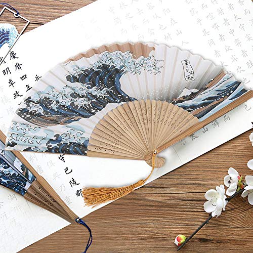 Hilitand Leques dobráveis elegantes estilo japonês ventiladores de bambu portáteis com ondas pintada