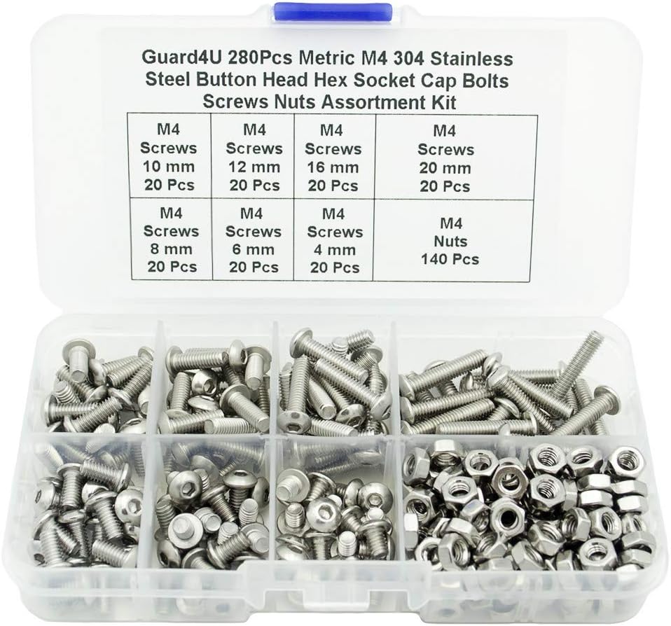 280Pcs Metric M4 304 Stainless Steel Button Head Hex Socket Cap Bolts Screws Nuts Assortment Kit- M4 x 4mm/ 6mm/ 8mm/ 10mm/ 12mm/ 16mm/ 20mm