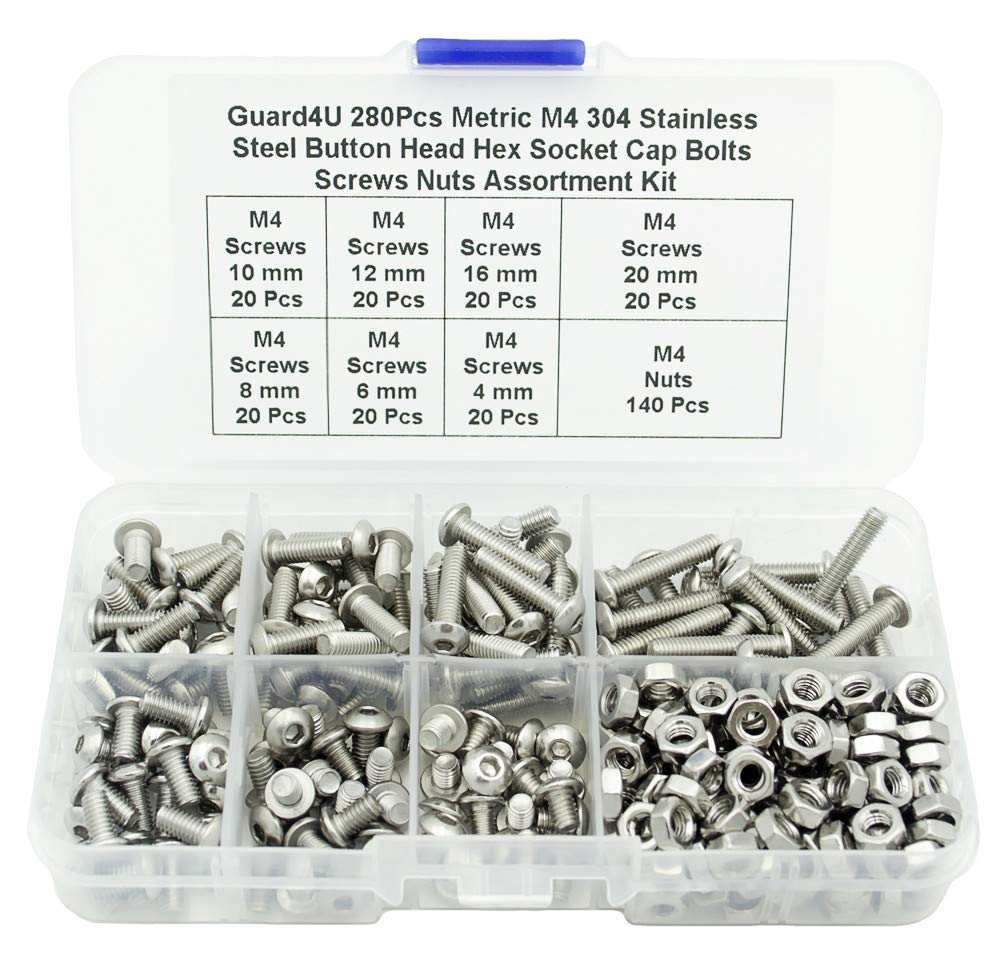Guard4U280Pcs Metric M4 304 Stainless Steel Button Head Hex Socket Cap Bolts Screws Nuts Assortment Kit- M4 x 4mm/ 6mm/ 8mm/ 10mm/ 12mm/ 16mm/ 20mm