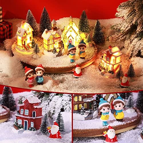 18 Pcs Christmas Village Set Includes 4 Led Lighted Christmas Village Houses 4 Boys Girls Figurines Resin Santa Model 8 Mini Christmas Tree Snow Blanket Roll Winter Xmas Village Collection For Desktop #TOP2