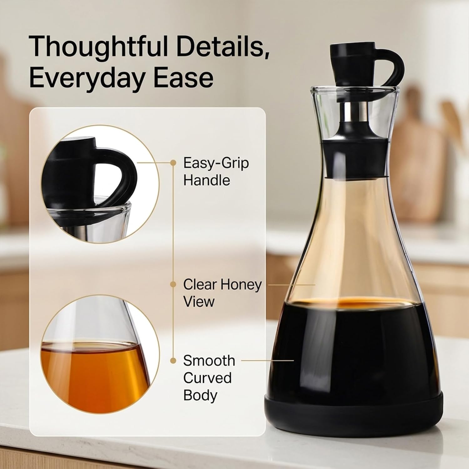Glass Honey Dispenser No Drip, 17.6 oz Glass Syrup Dispenser with Easy-Pour Lid, Honey Dispenser Glass for Maple Syrup, Pancakes, Coffee, Tea, Kitchen and Dining Table