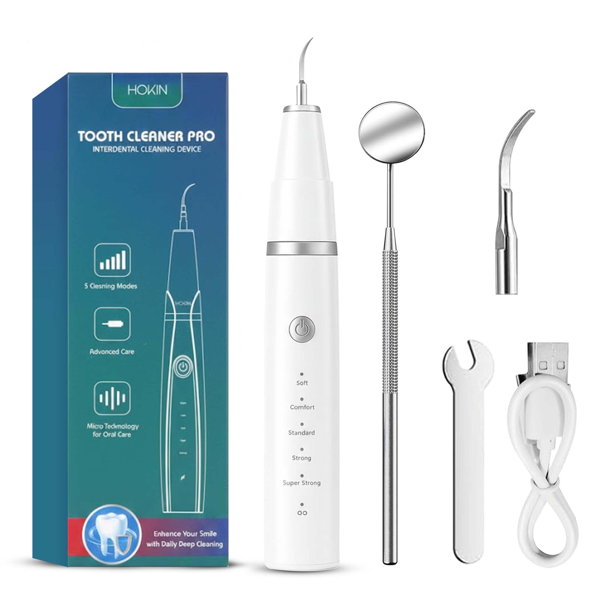 HOKIN Detartreur Dentaire Kit Dents en acier Inoxydable kit de Nettoyage Calcul Calculateur de Plaque Hygiène Scanner Crochet Choisir détartreur avec Lampe Miroir Dentaire (Classique-Blanc)