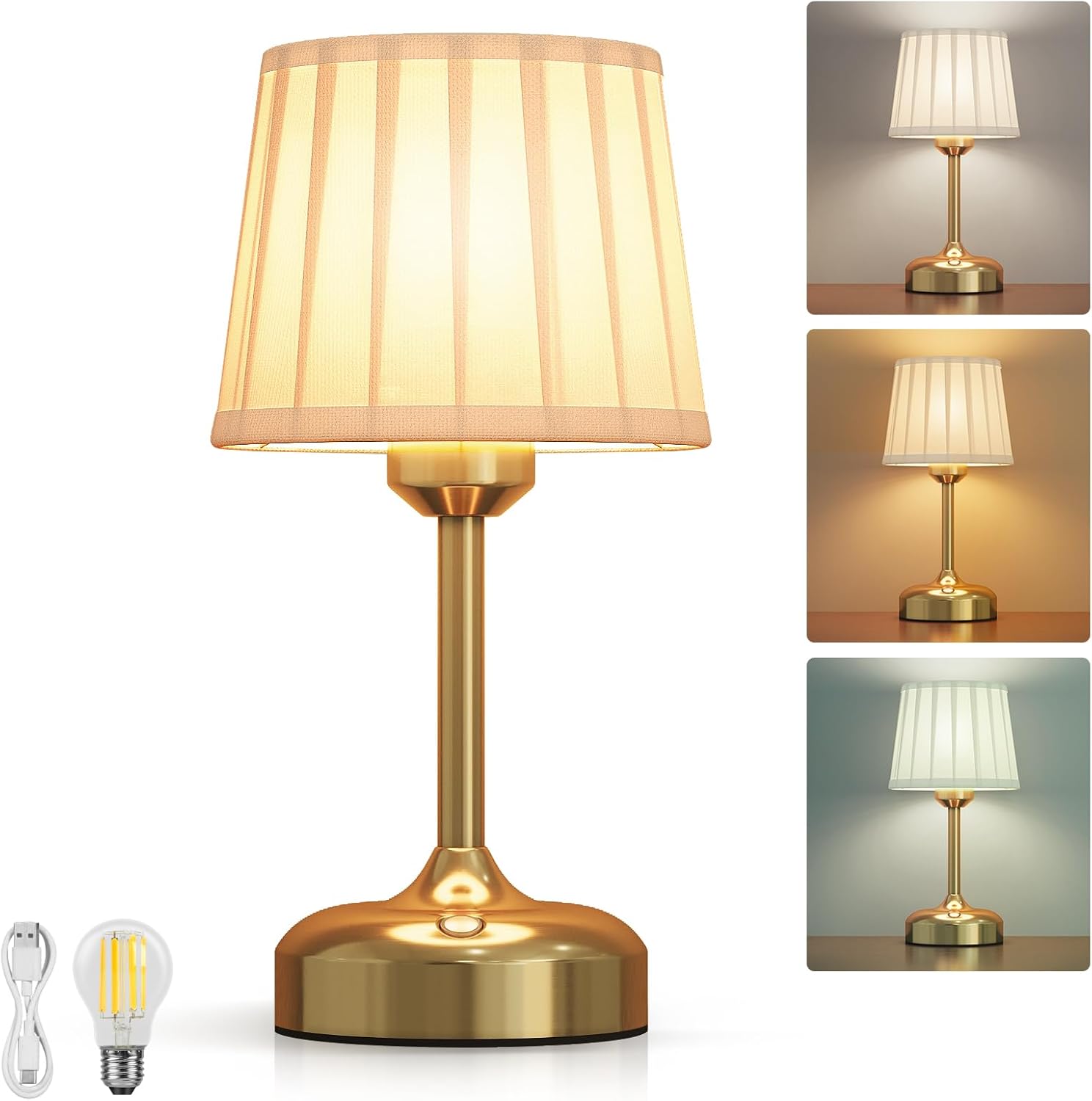 Mini Cordless Table Lamp, Small Table Lamp 5000mAh Rechargeable Table Lamp Battery Operated Touch Lamp Fabric Shade Stepless Dimmable Bedside Lamps for Bedroom, Living Room, Dining Room