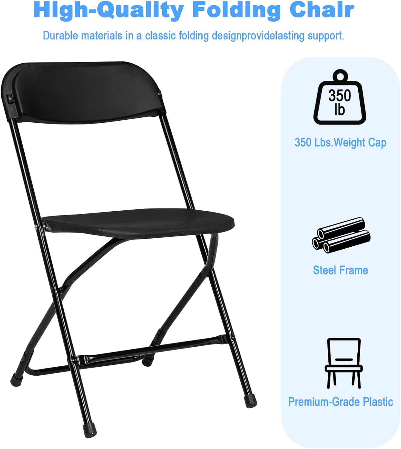 20 Pack Black Folding Chairs, Plastic Folding Chair for Outside, Indoor Outdoor Portable Commercial Seat with Steel Frame, Foldable Chairs for Party Events Office Wedding Kitchen, 350LBS Capacity