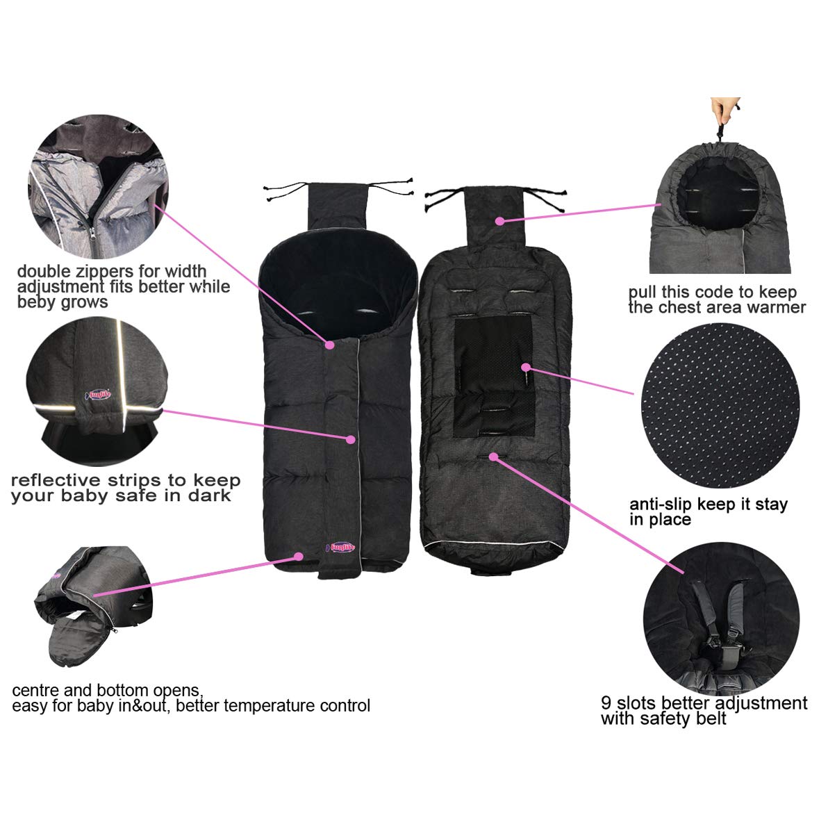Saco impermeable para cochecito de bebé, diseño alemán, doble cremallera frontal para cochecito de bebé, color negro