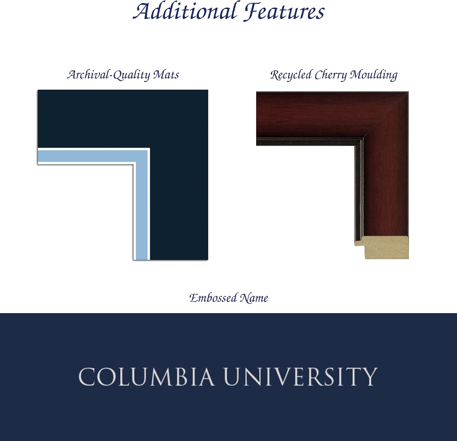 Columbia University 12.5" w x 10.5" h Diploma Frame - Fits a bachelor's, master's and phd - Silver Embossed Diploma Frame - Cherry Moulding with Navy and Sky Blue Matting