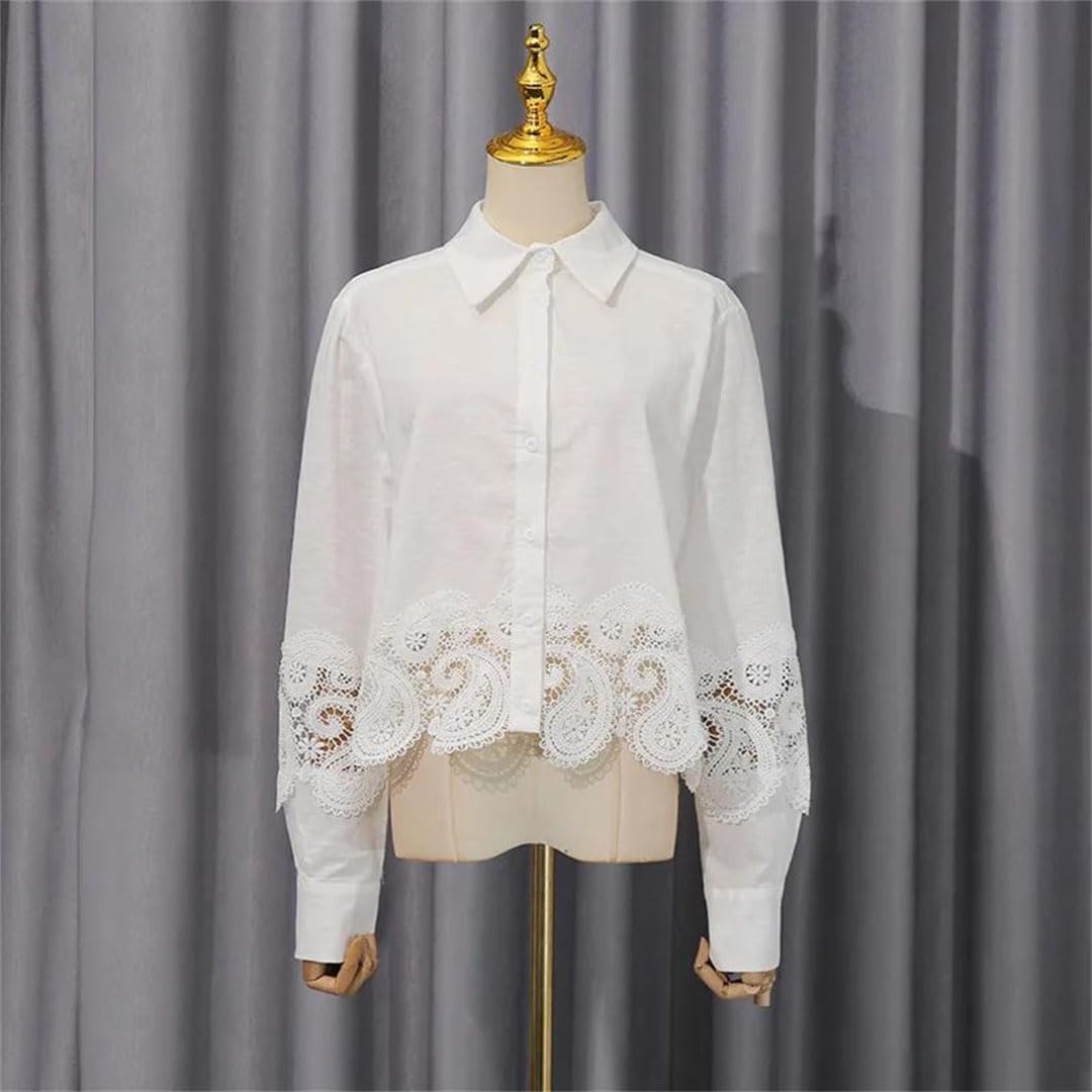 Women's Vintage Full Sleeve Collarless Single Breasted Shirt and Long Skirt Two Piece Set with Hollow Out Lace Daily Wear