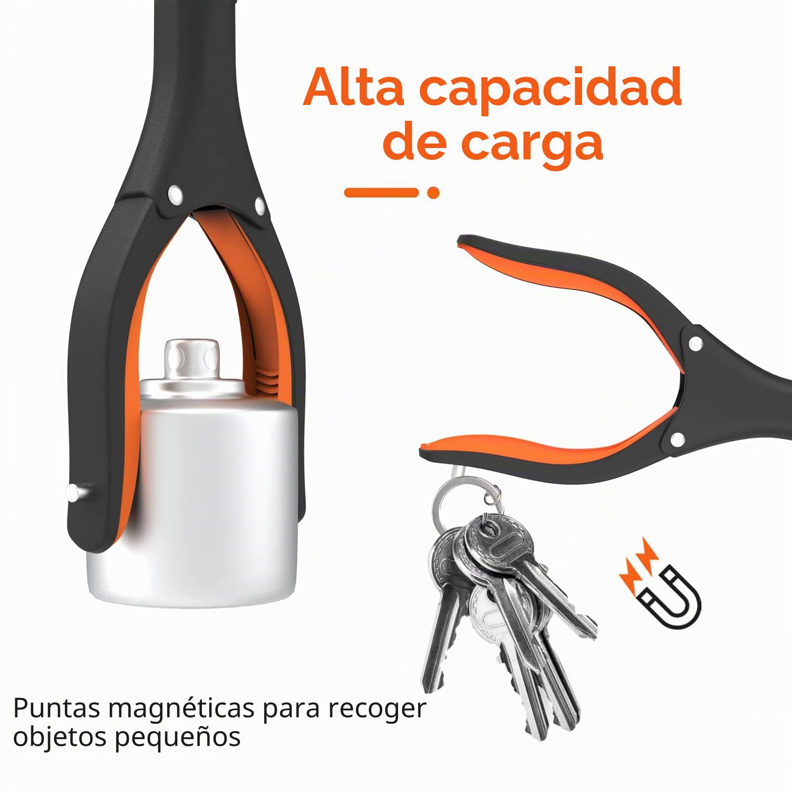 Jellas Pinza Plegable, Brazo en ángulo de 0° - 180°, Cabezal Giratorio de 360°, Herramienta de Agarre de 80 cm de Largo con Puntas magnéticas para recolección de Basura, extensión de Brazo (Naranja)