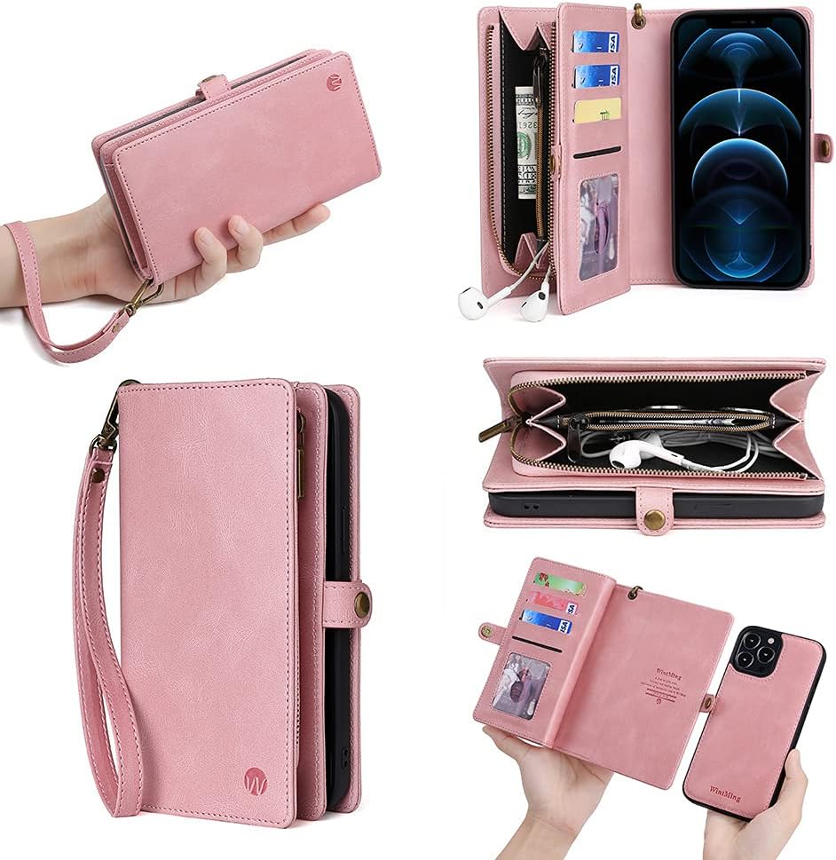 Compatible with iPhone 13 Pro Max Wallet Case, PU Leather with Card Holder Magnetic Clasp Zipper Kickstand Detachable 2 in 1 Protective Cover (Pink, iPhone 13 Pro Max)
