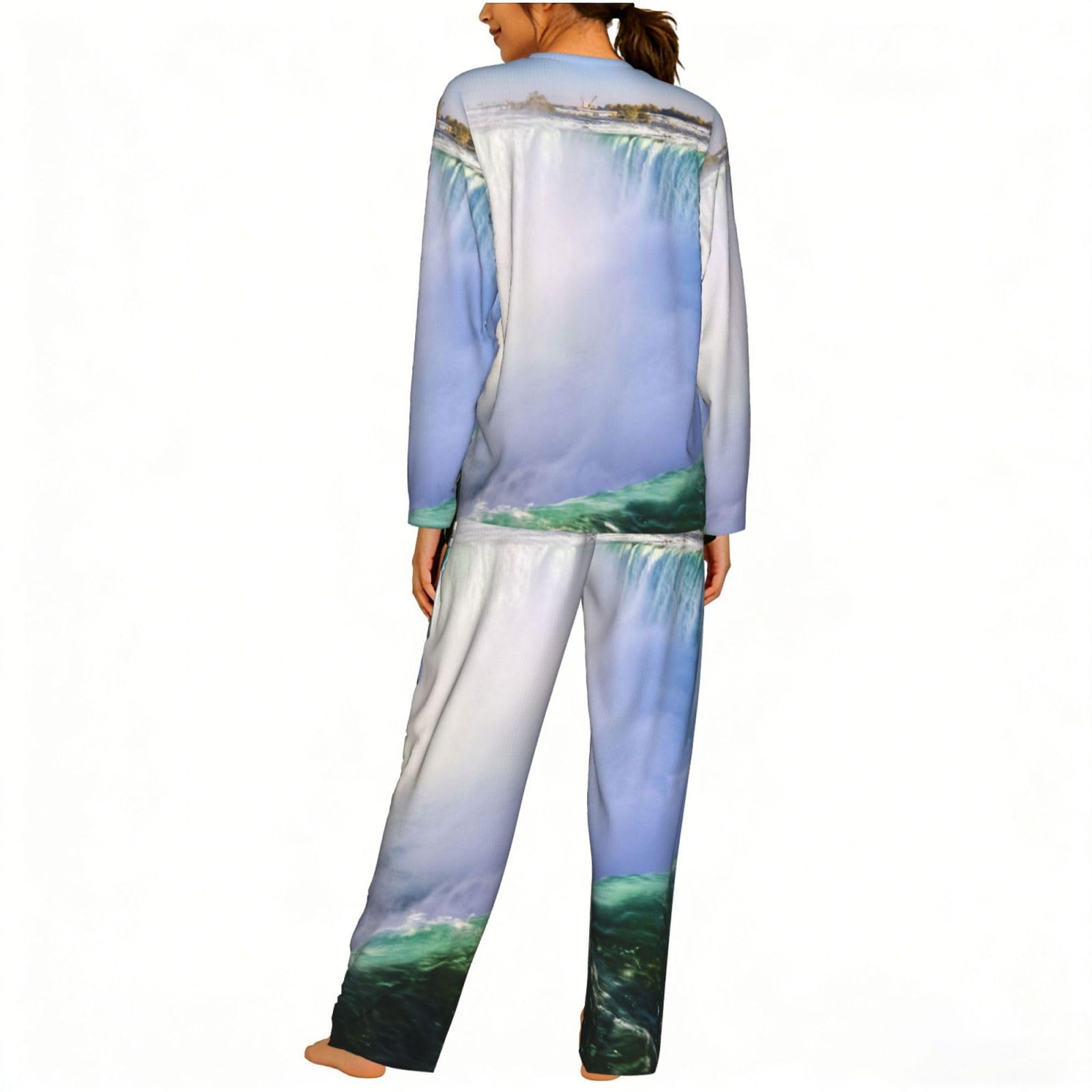 Cascata E Arcobaleno Stampa Delle Donne Maniche Lunghe Pigiama Set Morbido Elastico Coulisse Casual Daywear