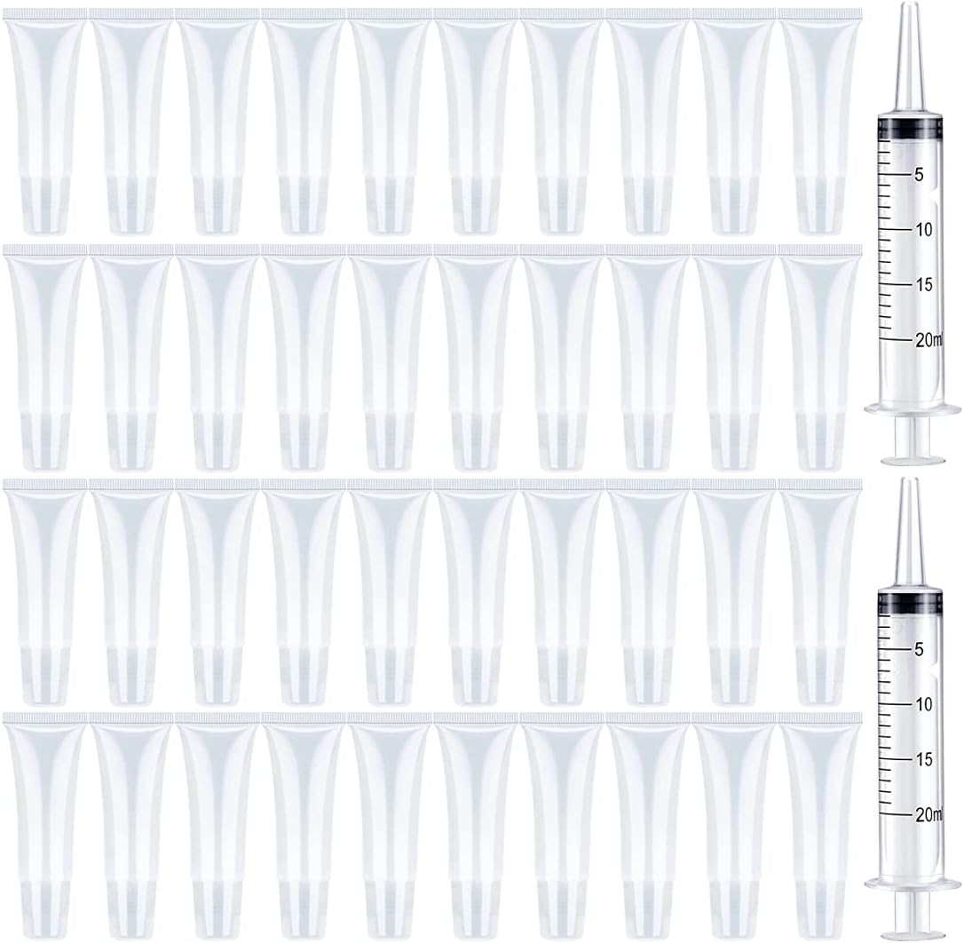 BAQI 50Pcs 10ml Clear Lip Gloss Empty Tubes Containers with 2Pcs 20ml Plastic Syringe Dispensing, Refillable Empty Lipgloss Tube Cosmetic Containers Soft Tube for Women & Girls DIY Lip Balm Cosmetics