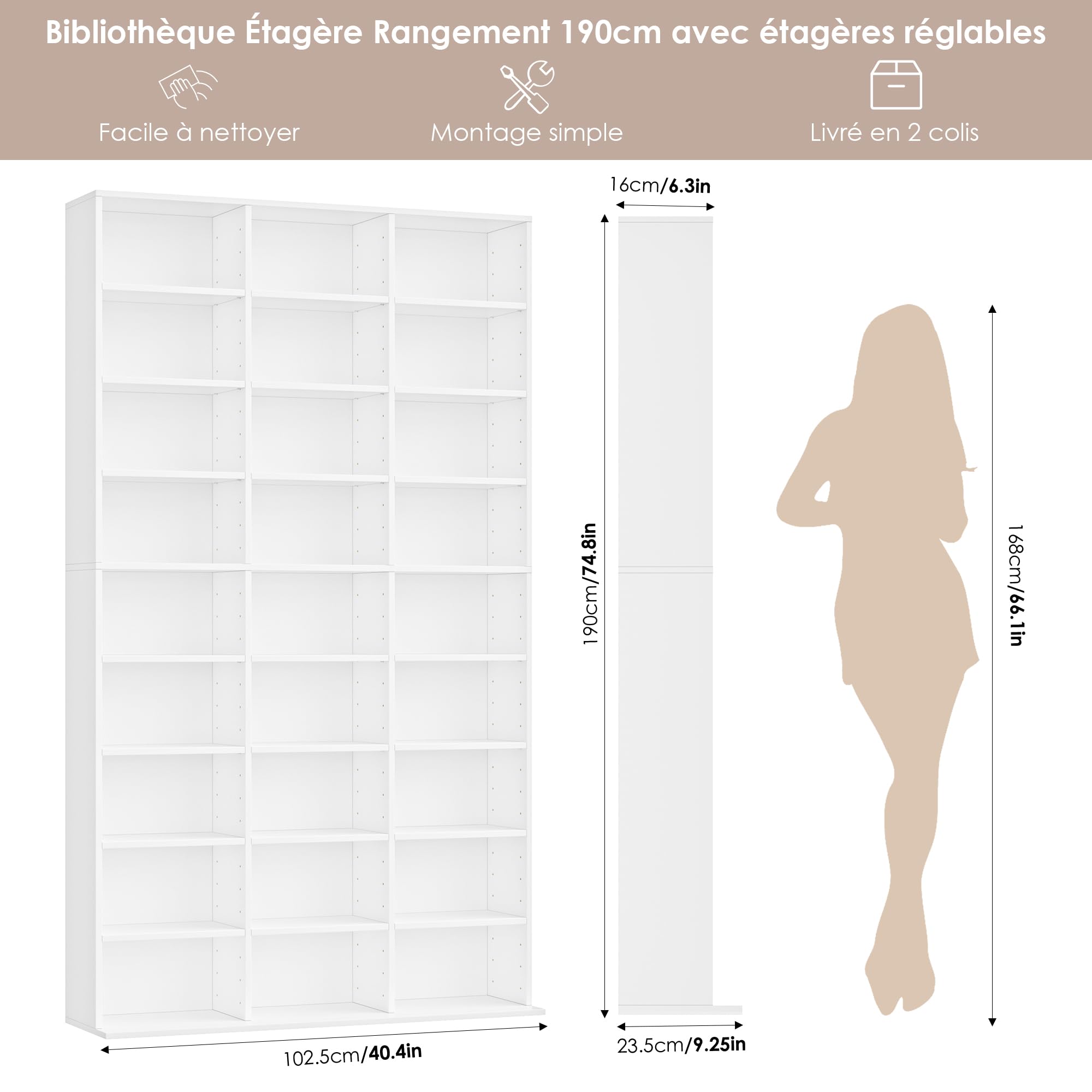 FirFurd Bibliothèque 190 cm Bibliotheque Meuble de Rangement avec 27 Étagères Bibliothèques pour Salon Bureau Cuisine Chambre Étagères Réglables 102.5x23.5x190cm