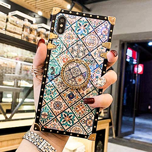 iPhone Xs/X Flower Case, Luxury Square Design Cute Colorful Flower Soft TPU Trunk Cover with 360 Degree Ring Grip Kickstand for Unique Women Girls Lady Phone Skin,B