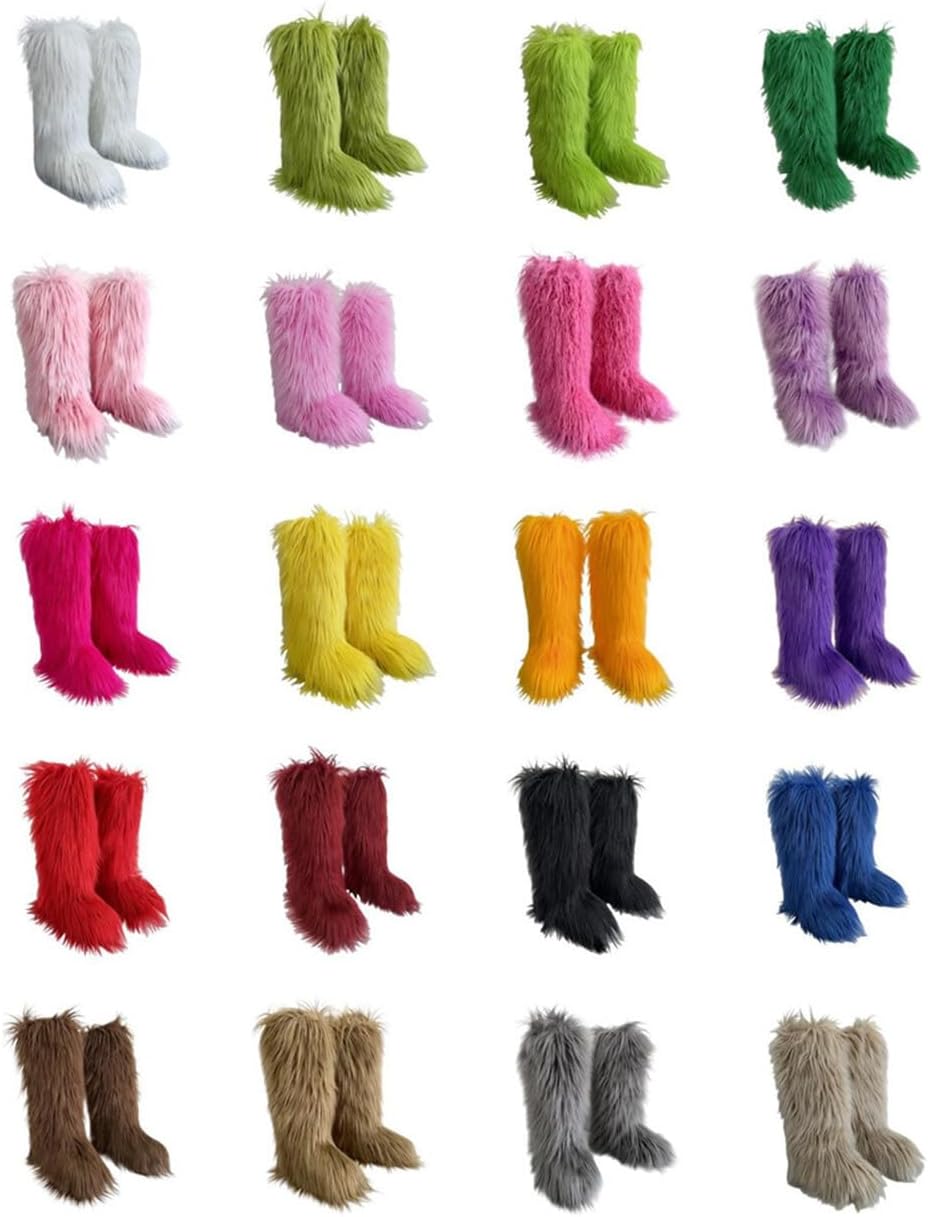 Women’s Faux Fur Knee High Boots Warm Fuzzy Fluffy Winter Snow Boots with Comfortable Round Toe Cozy Indoor Outdoor Tall Furry Boot