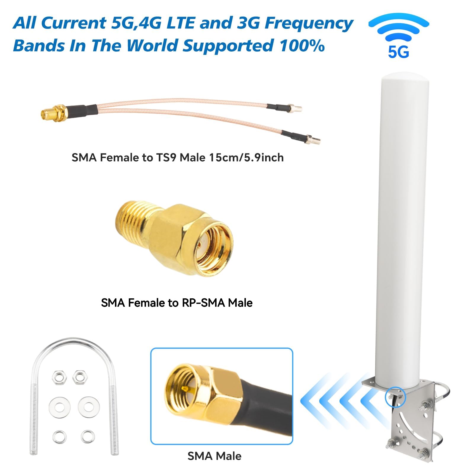 Antenne extérieure 600-6000 MHz 5G 4G LTE WiFi antenne cellulaire 10dBi-12dBi à gain élevé omni directionnelle avec câble à faible perte de 5 m SMA/RP-SMA mâle et adaptateurs TS9 pour routeurs