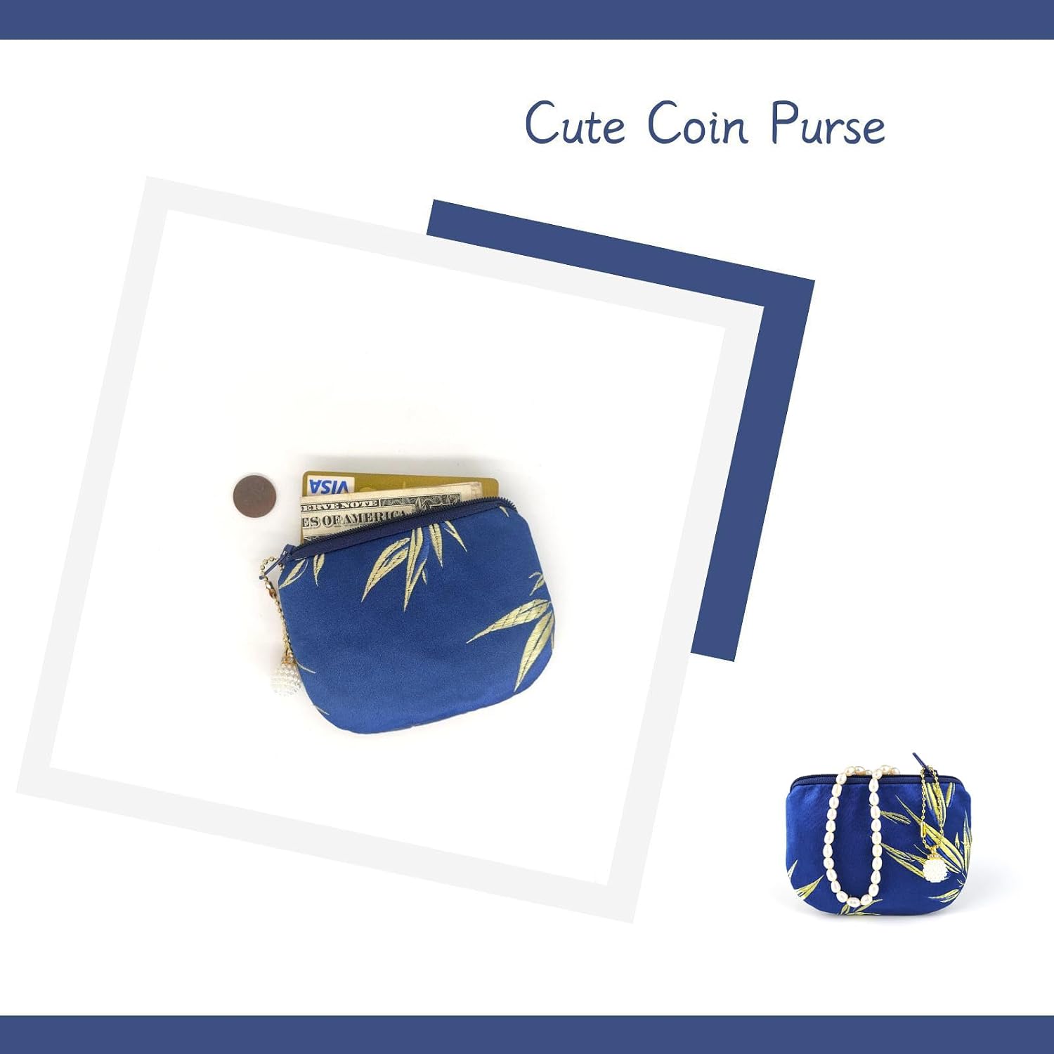 Handmade Coin Purse Women Rosary Pouch Brocade Zipper Wallet Silk Jewelry Bag - Navy