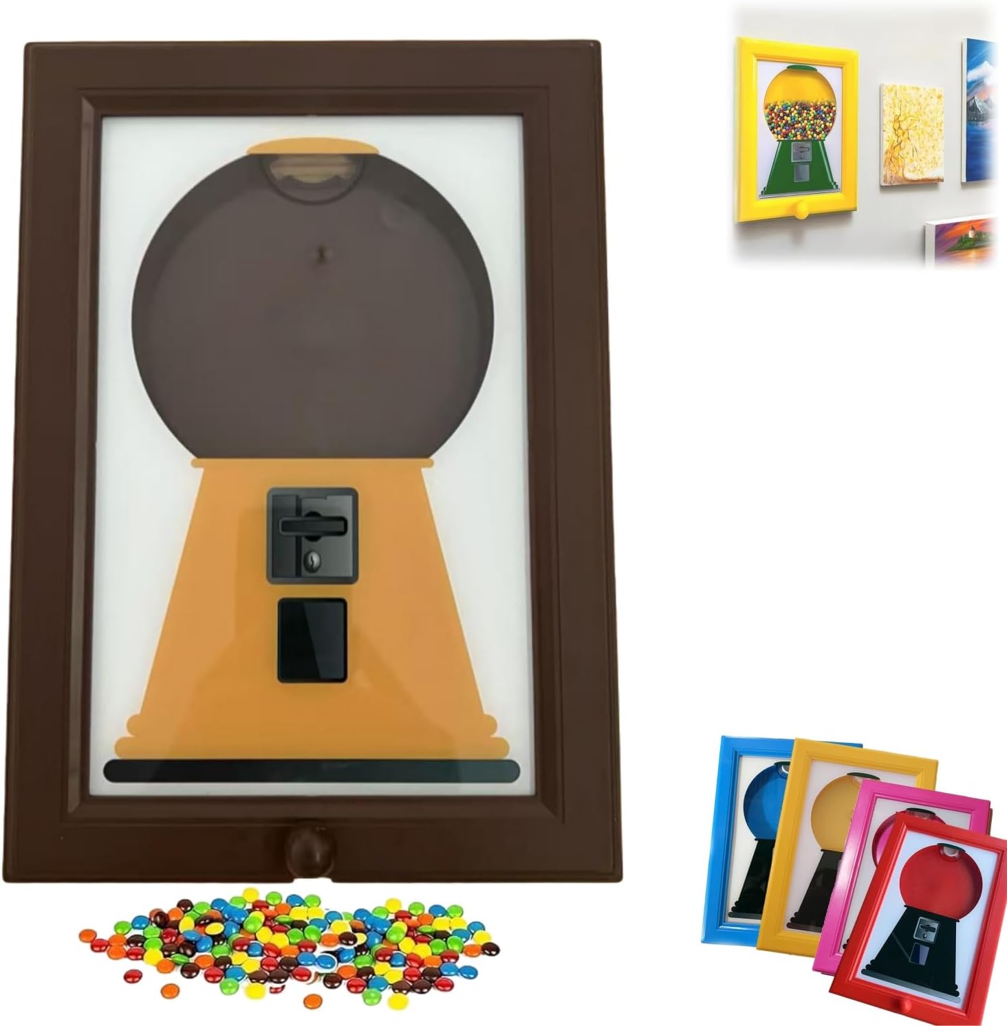 IntoGalaxy Gumball Machine Candy Dispenser Picture Frame – Candy Frame Dispenser & Hanging Candies Machine Art, Wall Candy Dispenser for Home & Party (Brown)