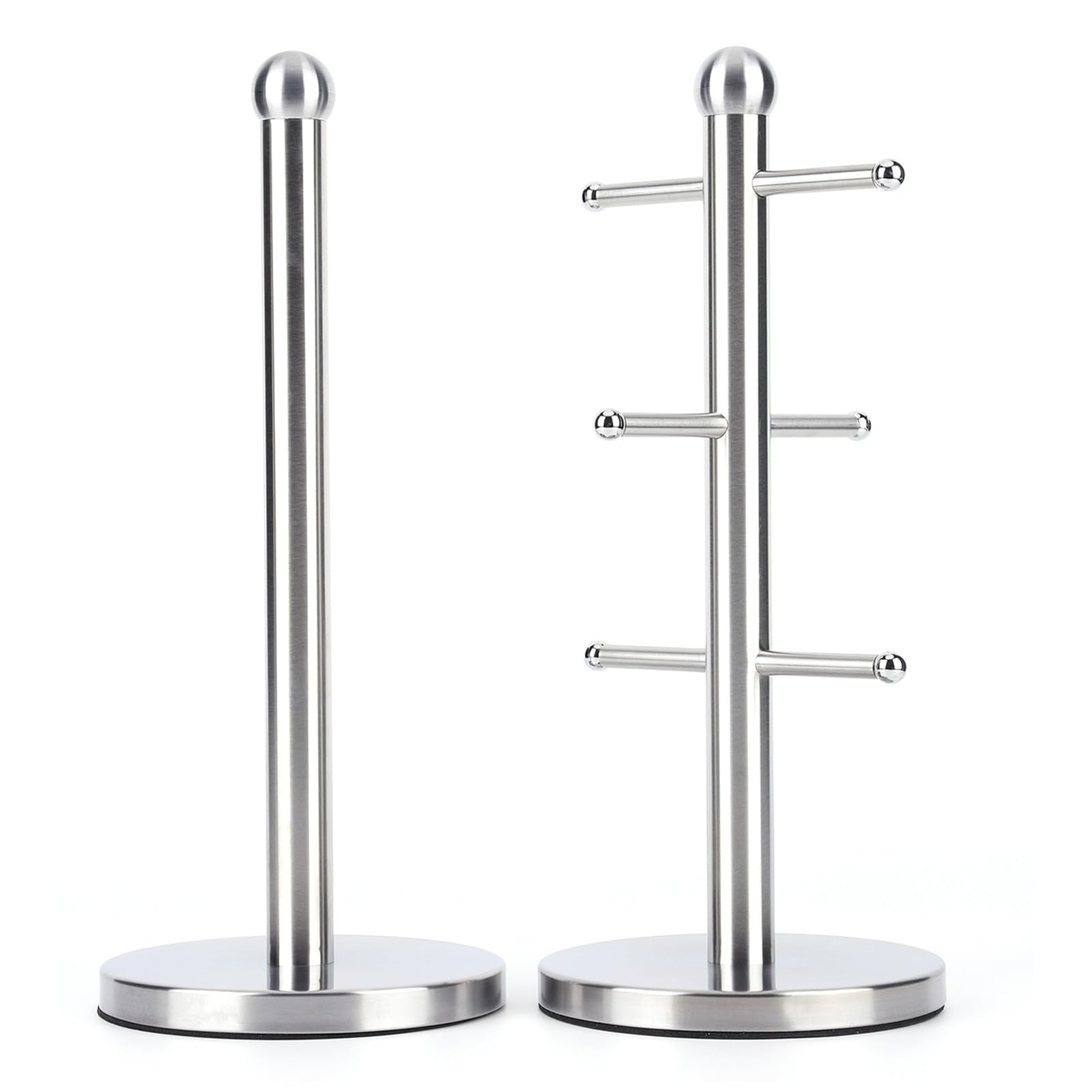 6 Cup Mug Holder with Paper Towel Roll Holder Free-Standing Cup Rack (Silver)