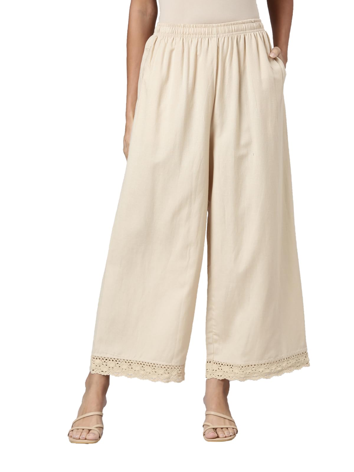 go colors Women's Solid Mid Rise Linen Relaxed Fit Wide Pant-picture-22