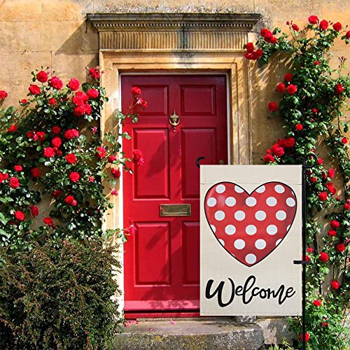 Valentines Day Garden Flag, Esttop 12×18 Inch Double Sided Vertical Welcome Potka Dot Heart Yard Flag, Farmhouse Rustic Valentines Day Decor For Outdoor #TOP3