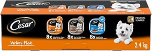 CESAR Classic pain en sauce nourriture humide pour chiens adultes, paquet variété, avec 8 saveurs poulet grillé, 8 saveurs NY Strip & 8 recettes d'agneau, 24x100g plateaux