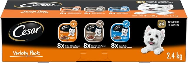 CESAR Classic pain en sauce nourriture humide pour chiens adultes, paquet variété, avec 8 saveurs poulet grillé, 8 saveurs NY Strip & 8 recettes d'agneau, 24x100g plateaux