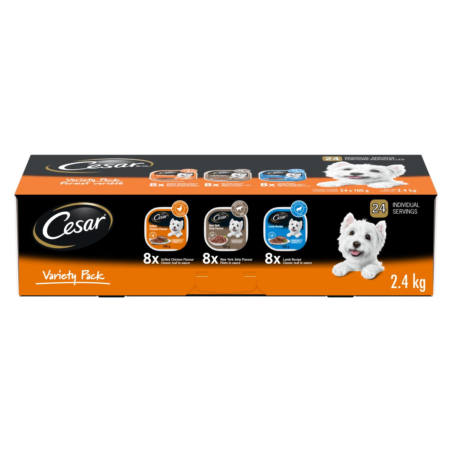 CESAR Classic Loaf in Sauce Adult Wet Dog Food Variety Pack, with 8 Grilled Chicken Flavour, 8 NY Strip Flavour & 8 Lamb Recipe, 24x100g Trays image 7