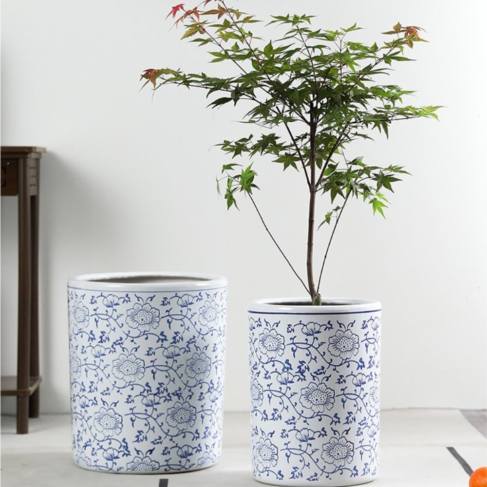 Pot de Fleurs en Porcelaine Bleue et Blanche, Pots de Fleurs avec Trou de Drainage, Ornement de Plantes d'intérieur(Large)
