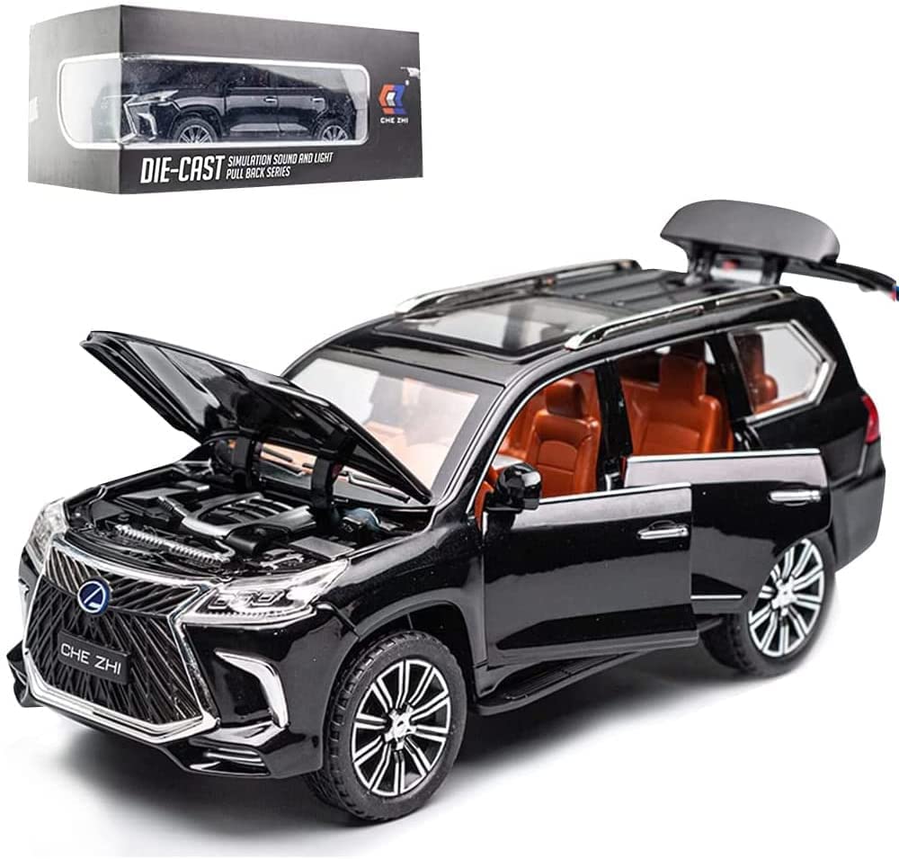 Exquisite car Model 1/24 Lexus 570 Off-Road in Luxury SUV Model Car, Zinc Alloy Pull Back Toy car with Sound and Light for Kids Boy Girl Gift (Black Lexus Car Toy)