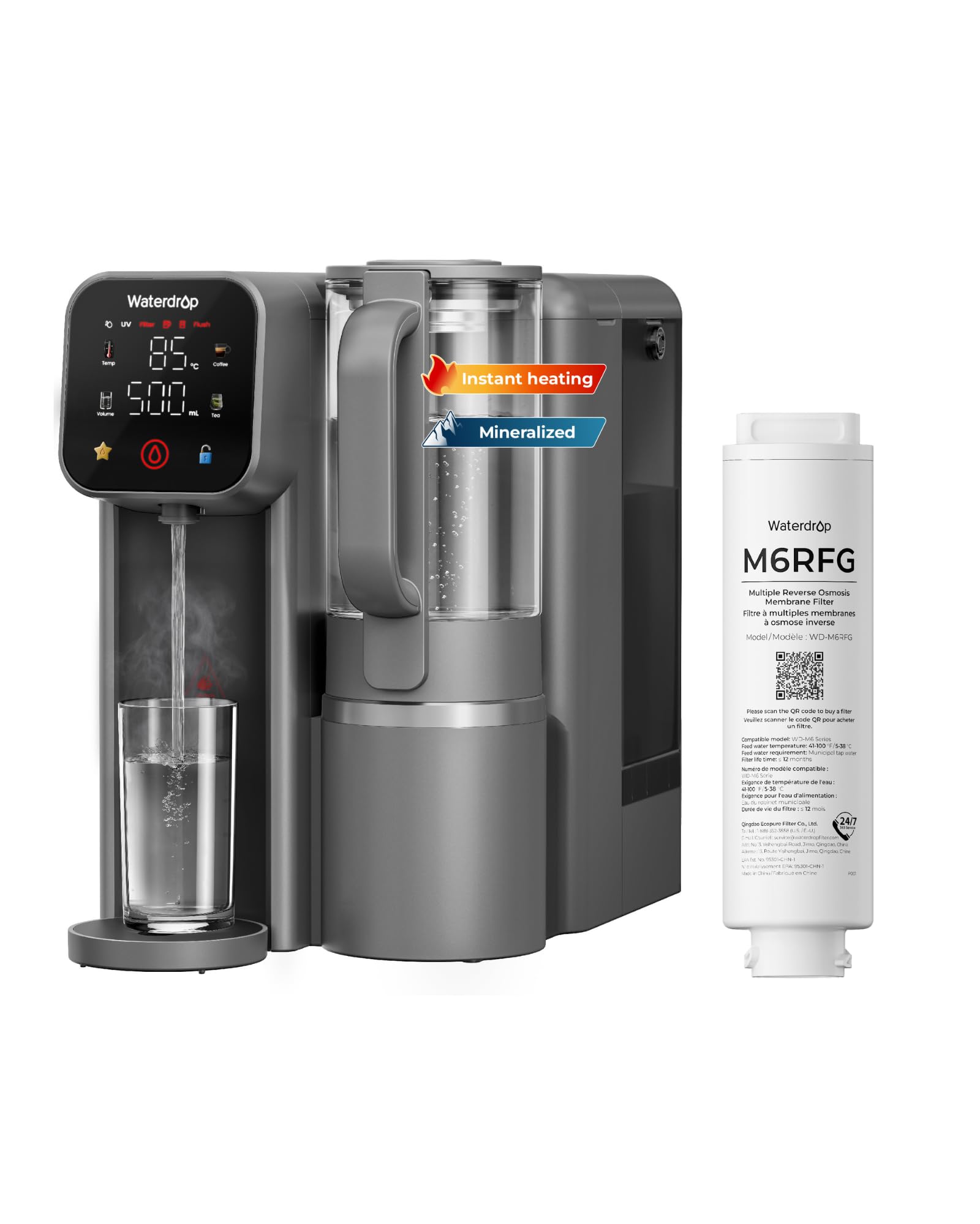 Waterdrop M6HG Mineralien Sofort-Heiß Auftisch Osmoseanlage, Glaskaraffe