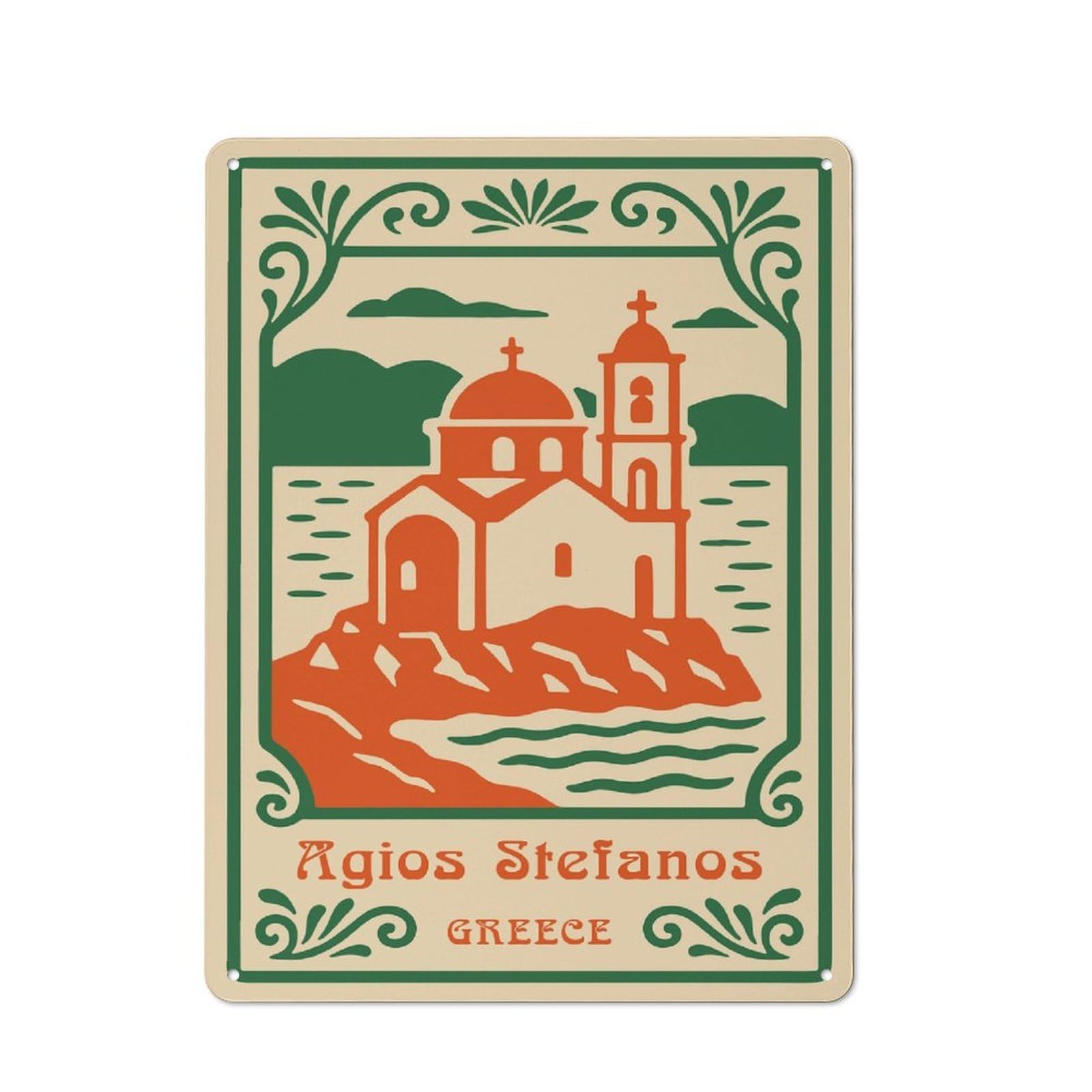 Junmoney Style-6 Agios Stefanos Church In Greece Rustic Tin Sign 40X30cm For Garden Room Or Summerhouse, For An Autumn Wall Display In Garden Room And Summerhouse