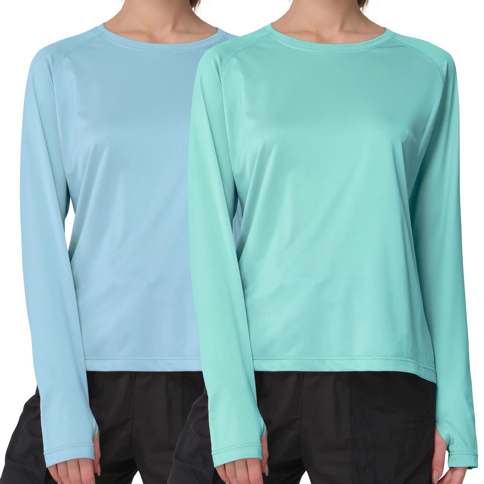 Womens Lightweight UPF 50+ Sun Protection SPF Long Sleeve Shirts Quick Dry Rash Guard Hiking Workout Thumbholes Shirts 2 Pack