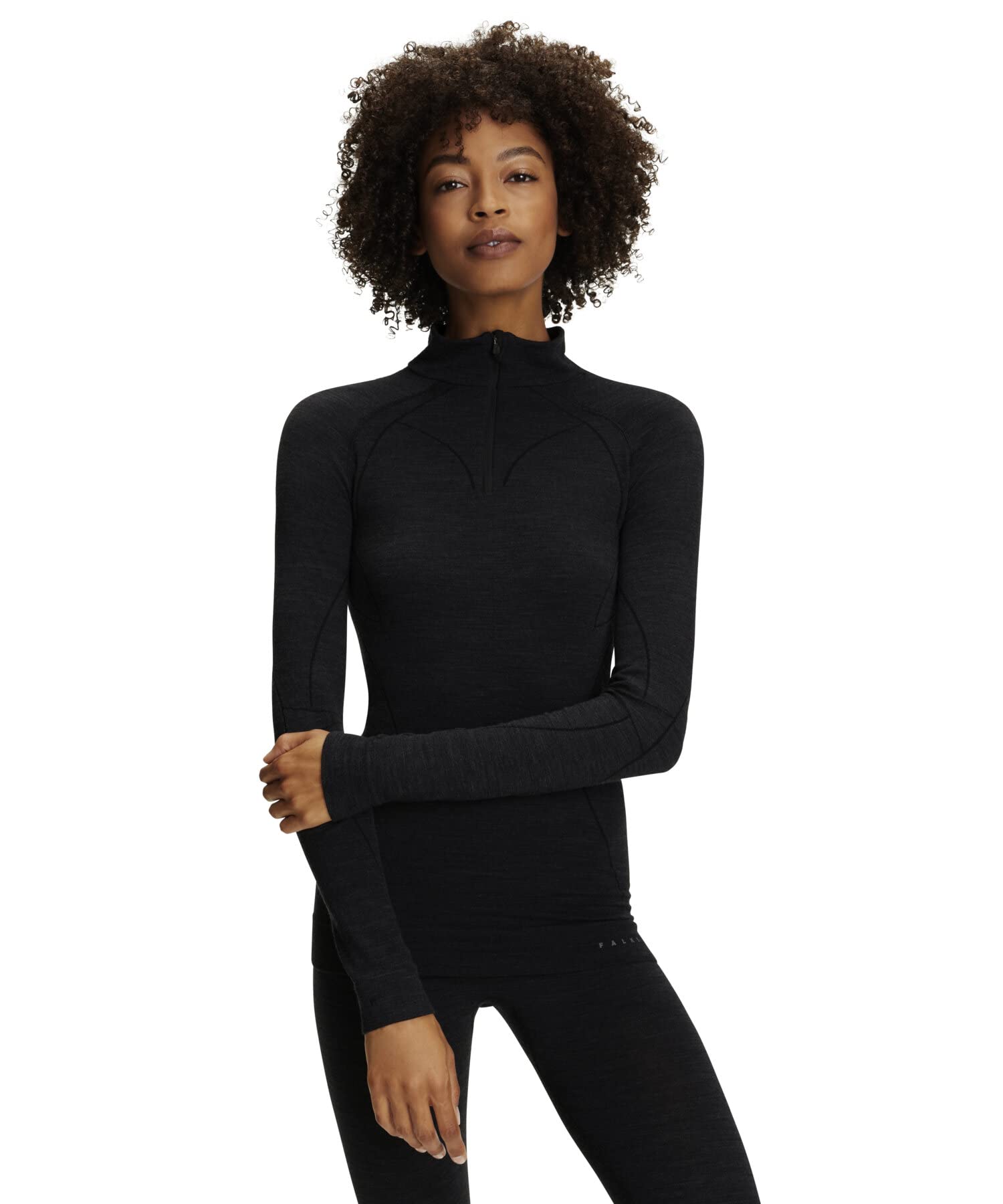 FALKE Women's Wool Tech. Zipped Longsleeved Base Layer Top, Thermal Breathable Quick Dry, Black (Black 3000), S, 1 Piece