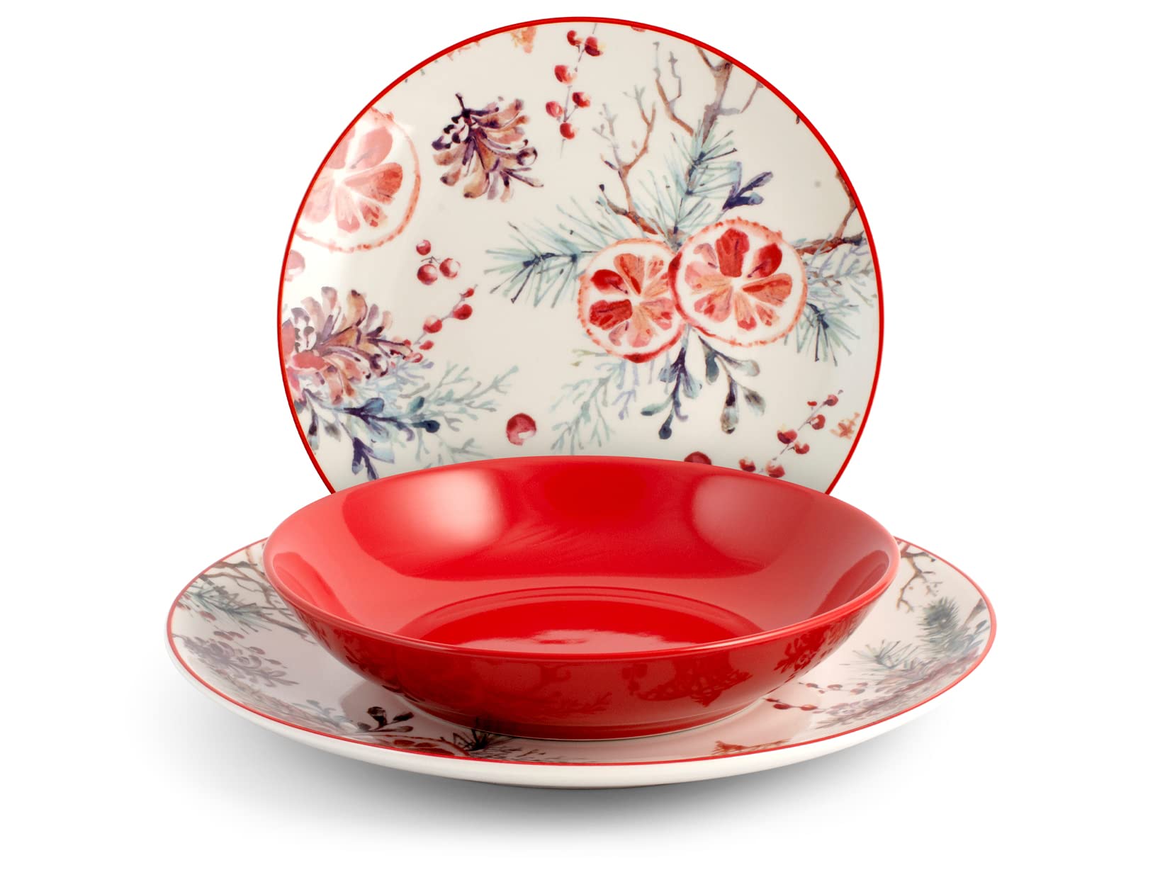 H&H Vaisselle 18 Pièces Celebration en porcelaine décorée Rouge