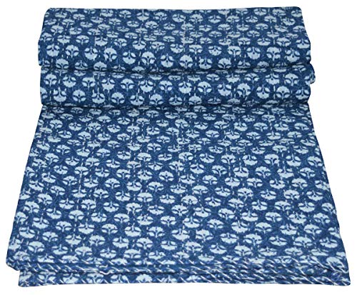 YUVANCRAFTS Kantha Indigo Screen Print Cotton Quilt Indian Bedspreads (Blue)