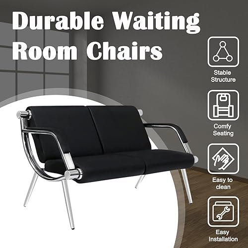 Miniatura 6 de kinbor Sillas de piel sintética para sala de espera, banco de 2 asientos para recepción de invitados con brazos para aeropuerto, hospital, oficina,