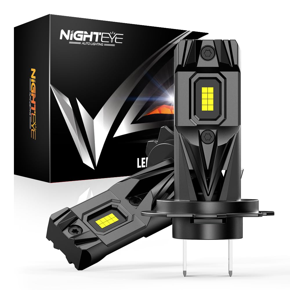 NIGHTEYE Lot de 2 ampoules de phare à DEL H7 – Taille 1:1 Plug and Play – Ampoule de phare H7, 28 000 lm, blanc froid 6500 K, super lumineuse, étanchéité IP68